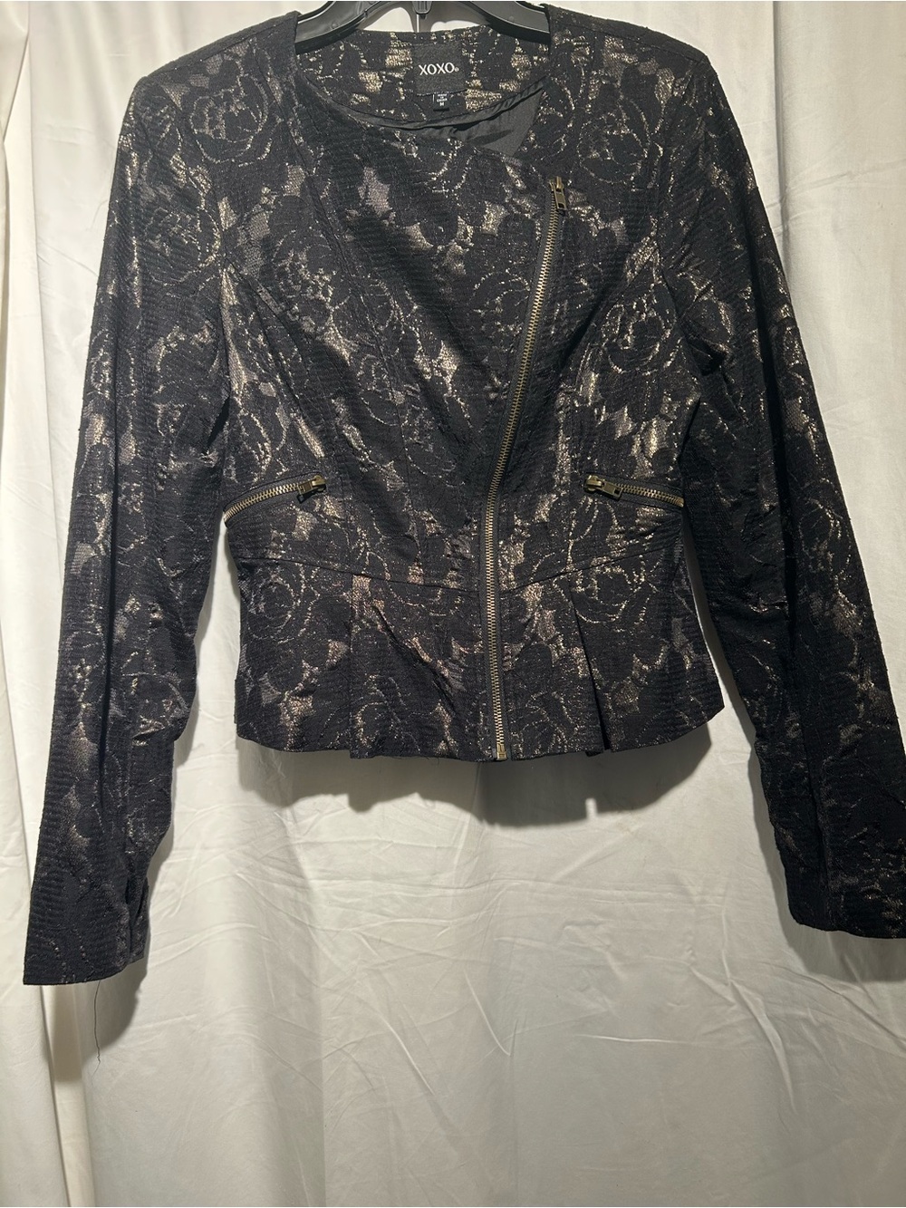 XOXO Black Gold Metallic Floral Lace Moto Jacket Medium